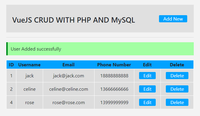 Vue.js/PHP/MySQL增删改查CRUD示例代码
